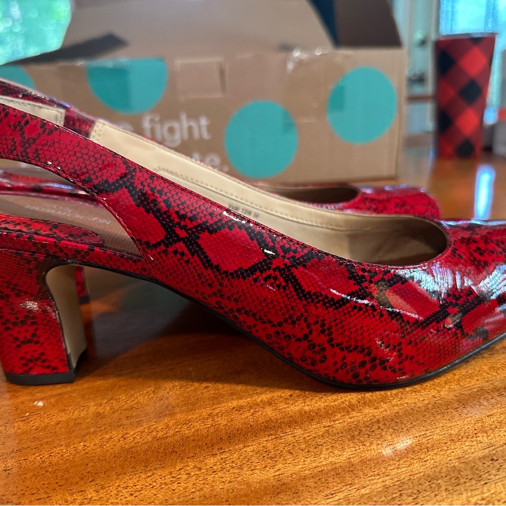 Ros Hommerson Red Heels with snakeskin print. Sling backs